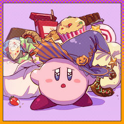  1boy blue_eyes cake candy doughnut food fruit halloween hat kirby kirby_(series) male male_focus mishio nintendo no_humans solo sprinkles strawberry witch_hat 