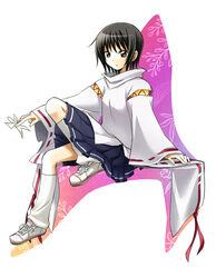  aosa_(michikusakan) black_hair brown_eyes commentary_request female japanese_clothes keikain_yura nurarihyon_no_mago onmyouji shoes short_hair sitting skirt sneakers socks solo 