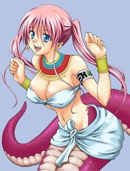  aoki_kanji armlet bandeau bandeau_bikini blue_eyes bracelet breasts cleavage earrings fangs female female jewelry lamia large_breasts midriff monster_girl pink_hair pretty_lamia simple_background smile solo tubetop twintails 