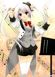  absurdres artist_name baggy_shorts bass_clef beamed_eighth_notes bow bowtie buttons conductor copyright_request dotted_half_note dress_shirt eighth_note female flower frills garter_straps hat hat_flower highres holding holding_wand long_hair long_sleeves looking_at_viewer mini_hat musical_note open_mouth purple_eyes quarter_note red_bow red_bowtie rose shirt sixteenth_rest solo staff_(music) suzuhira_hiro thighhighs treble_clef twintails very_long_hair waistcoat wand white_hair white_thighhighs 