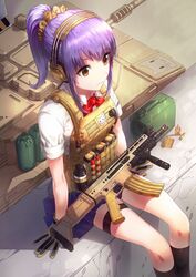  ammo_box ammunition assault_rifle black_legwear brown_eyes bullet bulletproof_vest cartridge clip_(weapon) ear_protection flash_suppressor fn_scar fn_scar_16 foregrip gloves ground_vehicle gun headphones hydration_carrier kfr kneehighs military military_vehicle motor_vehicle original ponytail purple_hair ribbon rifle scrunchie sitting skirt solo stanag_magazine tank tracers weapon 