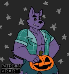  2017 5_fingers anthro bernard_(ok_k.o.!_lbh) biceps black_claws black_eyes black_nose bottomwear canid canine canis cartoon_network chest_tuft claws clothed clothing digital_media_(artwork) fangs fingers food front_view fruit fur halloween hand_on_hip hi_res holding_object holidays looking_at_viewer male male_anthro mammal muscular muscular_anthro muscular_male mythological_canine mythological_creature mythology ok_k.o.!_let&#039;s_be_heroes open_clothing open_shirt open_topwear pants pecs plaid plant pumpkin purple_body purple_fur shirt solo standing star teeth topwear tuft vrart1 were werecanid werecanine werewolf wolf yellow_sclera 