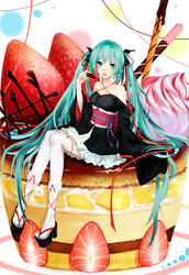  absurdres aqua_eyes aqua_hair cake chocolate commentary_request cosplay female food fruit green_eyes hair_ribbon hatsune_miku highres in_food japanese_clothes kimono kimono_skirt lambobo long_hair machine-doll_wa_kizutsukanai mini_person minigirl obi okobo open_mouth photoshop_(medium) ribbon sandals sash sitting solo strawberry thighhighs twintails very_long_hair vocaloid yaya_(machine-doll) yaya_(machine-doll)_(cosplay) 