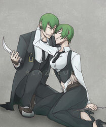  1boy awii blazblue commentary_request female formal genderswap_(mtf) green_hair hazama photoshop_(medium) rule_63 selfcest short_hair straight weapon 