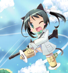  bad_id bad_pixiv_id blush_stickers chibi day female flying francesca_lucchini gun highres hirose_madoka oerba_yun_fang panties photoshop_(medium) sky solo strike_witches striker_unit twintails underwear weapon world_witches_series 