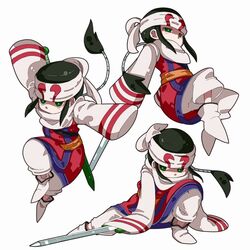  black_hair chibi chinese_clothes commentary_request female green_eyes headband jian_(weapon) kingdom_(series) kyoukai_(kingdom) long_hair solo sword weapon yucopi 