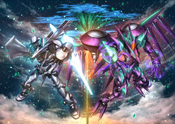  commentary_request crystal energy fighting_stance flying highres mark_nicht mark_sein mecha no_humans robot sky soukyuu_no_fafner sword weapon yoshinobuta 