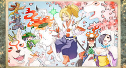  3boys 4girls amaterasu_(ookami) autumn_leaves blonde_hair brush cape chibiterasu closed_eyes commentary_request full_body geta hat heart highres himiko_(ookami) hood issun japanese_clothes kai_(ookami) lika long_hair mask minimaru multiple_boys multiple_girls okami okikurumi_(ookami) pom_pom_(clothes) ponytail short_hair smile sword tattoo tengu-geta tsuzurao ushiwakamaru_(ookami) weapon wolf 