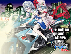  2girls bespectacled blood car city commentary_request crossover glasses grand_theft_auto grand_theft_auto:_san_andreas highres izayoi_sakuya moon motor_vehicle motorcycle multiple_girls multiple_riders nosebleed photoshop_(medium) pointing police_car remilia_scarlet scared shirt_grab skirt touhou turn_pale umami_(sakeikura) wavy_mouth when_you_see_it 