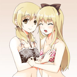  2girls bad_id bad_pixiv_id bare_shoulders bikini blonde_hair bow breasts brown_eyes closed_eyes collarbone crossover crying grabbing grabbing_another&#039;s_breast hairbow hidamari_sketch long_hair miyako_(hidamari_sketch) multiple_girls navel open_mouth polka_dot polka_dot_bikini polka_dot_swimsuit pvmivs smile swimsuit tears toshinou_kyouko twintails yuri yuru_yuri 