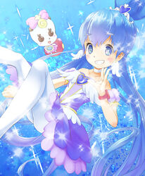  alternate_form bad_id bad_pixiv_id ballerina blue_background blue_eyes blue_hair blue_skirt blue_theme bow brooch choker creature crown cure_princess cure_princess_(sherbet_ballet) dress earrings female grin hair_bun happinesscharge_precure! heart heart_brooch jewelry long_hair magical_girl masatome pantyhose photoshop_(medium) pink_bow precure ribbon_(happinesscharge_precure!) shirayuki_hime single_hair_bun skirt smile strapless strapless_dress twintails white_legwear wing_brooch wing_earrings 