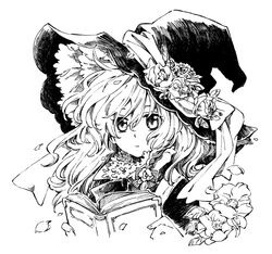  arata_iri book expressionless female flower greyscale hat kirisame_marisa long_hair monochrome solo touhou witch_hat 