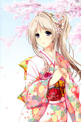  absurdres cherry_blossoms female game_cg gray_hair grey_hair hatsukoi_1/1 hatsukoi_1_1 highres iizuki_tasuku japanese_clothes kimono long_hair makabe_midori petals purple_eyes smile 