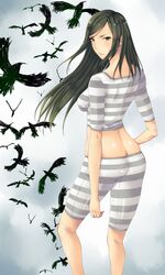  arios_(orochi_yuta) ass bird black_hair breasts butt_crack commentary_request crow female green_eyes highres kurihara_mari_(prison_school) long_hair looking_at_viewer looking_back lowleg lowleg_pants medium_breasts pants prison_school serious solo striped_clothes very_long_hair 