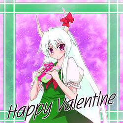  blush bow commentary_request dress ex-keine female gift green_hair happy_valentine holding holding_gift horn_ornament horn_ribbon horns kamishirasawa_keine long_hair netachou pink_eyes ribbon solo touhou upper_body valentine very_long_hair 