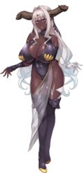  breasts dark_elf dark_skin demon_girl elf female full_body game_cg horns jewelry monster_girl muchimuchi_dekapai_mara_gui_maou-sama_to_onboro_yojouhan_dousei_seikatsu official_art orcsoft pointy_ears sian solo white_hair 