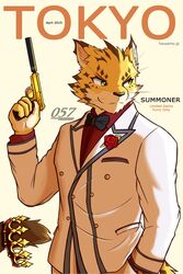  2:3 accessory anthro boutonniere clothing crown felid flower flower_ornament gun headgear hi_res leopard lifewonders magazine male mammal muscular muscular_anthro muscular_male number ose_(tas) pantherine plant quill-tail ranged_weapon solo suit tokyo_afterschool_summoners weapon 