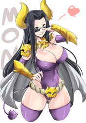  absurdres adjusting_eyewear black_eyes black_hair breasts cape cleavage commentary_request female grin hand_on_eyewear heart highres horns large_breasts long_hair looking_at_viewer monster_musume_no_iru_nichijou ms._smith shiny_skin smile solo sunglasses tail virusotaku white_cape 