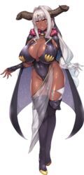  bracelets breasts dark_elf dark_skin demon_girl elf female full_body game_cg horns jewelry monster_girl muchimuchi_dekapai_mara_gui_maou-sama_to_onboro_yojouhan_dousei_seikatsu official_art orcsoft pointy_ears sian solo white_hair 