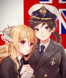  2girls admiral_(warship_girls_r) black_jacket blonde_hair blue_necktie brown_eyes commentary_request female_admiral_(warship_girls_r) gloves hat highres jacket long_hair military military_uniform multiple_girls naval_uniform necktie peaked_cap red_eyes tuziki_sang uniform upper_body warship_girls_r warspite_(mod)_(warship_girls_r) warspite_(warship_girls_r) white_ensign white_gloves white_headwear 