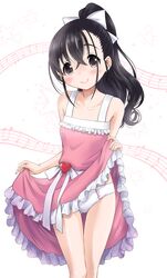  ass_visible_through_thighs beamed_eighth_notes black_hair blush bow brown_eyes closed_mouth clothes_lift collarbone commentary_request dress dress_lift eighth_note female frilled_dress frills hair_between_eyes hairbow head_tilt heart high_ponytail highres lifting_own_clothes long_hair musical_note neko_danshaku original panties pink_dress ponytail quarter_note sleeveless sleeveless_dress smile solo underwear white_bow white_panties 