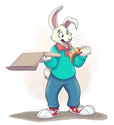  2019 anthro arthur_(series) box buster_baxter clothed clothing container food footwear fully_clothed fur furgonomic_footwear furgonomics hi_res holding_box holding_container holding_object lagomorph leporid looking_at_food looking_at_object male mammal no_irises open_mouth orlandofox pizza pizza_box pizza_slice rabbit short_tail signature simple_background solo standing tail young 