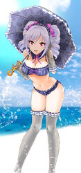  :d adjusting_hair beach bikini black_bikini black_gloves black_thighhighs blush breasts cleavage cloud commentary_request day drill_hair eva_16-gouki female gloves grey_hair hair_ribbon hairband head_tilt highres holding holding_umbrella idolmaster idolmaster_cinderella_girls kanzaki_ranko large_breasts leaning_forward looking_at_viewer medium_hair navel ocean open_mouth photoshop_(medium) purple_ribbon red_eyes ribbon smile solo splashing sun swimsuit thigh_gap thighhighs twin_drills twintails umbrella water 