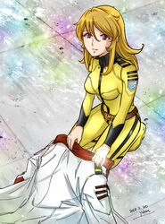  blonde_hair bodysuit borrowed_clothes breasts commentary_request dated female full_body hair_between_eyes holding jacket kneeling long_hair looking_at_viewer medium_breasts military_jacket mori_yuki purple_eyes signature solo uchuu_senkan_yamato uchuu_senkan_yamato_2202:_ai_no_senshi-tachi unworn_jacket white_jacket yellow_bodysuit yokon2199 