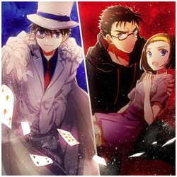  2boys black_background black_hair black_hoodie blue_eyes blue_shirt brown_hair cape card commentary_request dress female glasses gloves hairband hat holding holding_person hood hoodie jacket kaitou_kid kyougoku_makoto long_sleeves looking_at_viewer meitantei_conan monocle multiple_boys necktie noru_(lila2) pink_dress playing_card purple_eyes red_background red_necktie shirt short_hair short_sleeves suzuki_sonoko sweatdrop white_cape white_gloves white_headwear white_jacket yellow_hairband 