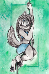  abstract_background anthro blue_eyes bottomwear canid canine canis clothing female loincloth mammal plant shiverz solo vines wolf 