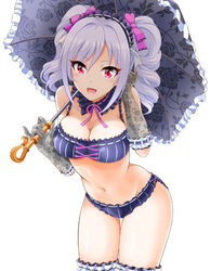  :d adjusting_hair bikini black_bikini black_gloves blush breasts cleavage commentary_request drill_hair eva_16-gouki female gloves grey_hair hair_ribbon hairband head_tilt holding holding_umbrella idolmaster idolmaster_cinderella_girls kanzaki_ranko large_breasts leaning_forward looking_at_viewer medium_hair navel open_mouth purple_ribbon red_eyes ribbon simple_background smile solo swimsuit thigh_gap thigh_strap twin_drills twintails umbrella white_background 