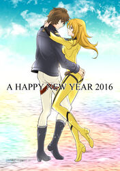  1boy 2016 arms_around_neck black_footwear black_jacket blonde_hair blue_sky bodysuit boots brown_eyes brown_hair cloud commentary_request couple day eye_contact female floating_hair from_side full_body hand_on_own_ass happy_new_year hug jacket knee_boots kodai_susumu long_hair long_sleeves looking_at_another mori_yuki new_year outdoors pants sky straight uchuu_senkan_yamato uchuu_senkan_yamato_2199 white_pants yellow_bodysuit yokon2199 