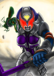  armor belt breasts commentary explosion female glowing glowing_eyes gun hammer helmet highres holding holding_gun holding_hammer holding_weapon kamen_rider kamen_rider_dcd kamen_rider_kivala looking_at_viewer medium_breasts photoshop_(medium) red_eyes solo translation_request weapon yuuyatails 