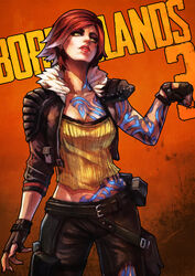  absurdres arm_tattoo armor black_gloves borderlands_(series) borderlands_3 breasts cleavage clenched_hand commentary copyright_name english_commentary female fingerless_gloves fist_bump gloves highres lilith_(borderlands) lipstick makeup medium_breasts mole monori_rogue multicolored_hair orange_background pants photoshop_(medium) pouch red_hair short_hair shoulder_armor siren_(borderlands) solo streaked_hair tattoo thigh_pouch two-tone_hair white_hair yellow_eyes 