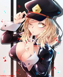  absurdres artist_name black_bodysuit blonde_hair bodysuit boku_no_hero_academia breasts brown_eyes cleavage commentary_request female hand_on_headwear hat highres invidiata large_breasts long_hair long_sleeves looking_at_viewer looking_up one_eye_closed parted_lips peaked_cap solo superhero_costume unzipped upper_body utsushimi_kemii 