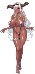  bracelets breasts dark_elf dark_skin demon_girl elf female full_body game_cg horns jewelry monster_girl muchimuchi_dekapai_mara_gui_maou-sama_to_onboro_yojouhan_dousei_seikatsu official_art orcsoft pointy_ears sian solo swimwear white_hair 