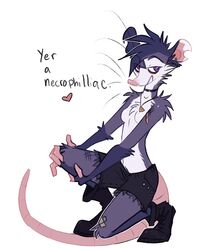  american_opossum anthro bandage clothed clothing collar dialogue english_text female fur grey_body grey_fur heart_symbol jewelry mammal marsupial nash_(zenirix) necklace purple_eyes simple_background solo text topless virginia_opossum whiskers white_background white_body white_fur zenirix 