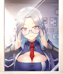  adjusting_eyewear azur_lane between_breasts blush breasts closed_mouth commentary_request female glasses grey_hair hair_ornament highres large_breasts long_hair long_sleeves looking_at_viewer necktie necktie_between_breasts orange_eyes red_necktie semi-rimless_eyewear shangri-la_(azur_lane) smile snowflake_hair_ornament solo upper_body yuki_shizuku 