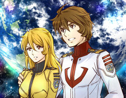  1boy blonde_hair bodysuit breasts breasts_apart brown_eyes brown_hair commentary_request couple earth_(planet) female hair_between_eyes hand_on_another&#039;s_shoulder jacket kodai_susumu long_hair medium_breasts military_jacket mori_yuki parted_lips planet straight uchuu_senkan_yamato upper_body white_jacket yellow_bodysuit yokon2199 