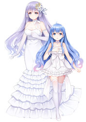  2girls absurdres arm_at_side bare_shoulders blue_eyes blue_hair bow breasts cleavage commentary_request crescent crescent_hair_ornament date_a_live dress elbow_gloves fengli_(709622571) frilled_dress frills full_body gloves grey_eyes hair_ornament hand_up highres izayoi_miku large_breasts long_hair multiple_girls photoshop_(medium) purple_hair small_breasts standing thighhighs very_long_hair wedding_dress white_bow white_dress white_legwear yoshino_(date_a_live) 