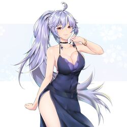  ahoge blush bracelet breasts brown_eyes cleavage collarbone commentary commission dress english_commentary female granblue_fantasy grey_hair highres jewelry kaiend large_breasts long_hair looking_at_viewer official_alternate_costume ponytail purple_dress side_slit silva_(gentian_blue)_(granblue_fantasy) silva_(granblue_fantasy) smile solo spaghetti_strap strap_pull thighs very_long_hair 