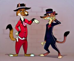  2019 anthro barefoot clothed clothing countershade_face countershade_fur countershading digital_media_(artwork) disney duke_weaselton duo fedora feet fully_clothed fur grey_eyes hat headgear headwear hindpaw male mammal mustelid musteline paws red_eyes rin_tyan shaded simple_background smile standing suit true_musteline weasel zootopia 