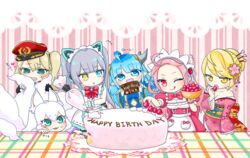  6+girls ahoge aisha_(king&#039;s_raid) alternate_costume animal_ears aqua_eyes artist_request bare_shoulders blonde_hair blue_eyes blue_hair blush breasts cake cat_ears chibi chrisha_(king&#039;s_raid) cleo_(king&#039;s_raid) dragon_girl dragon_horns fake_animal_ears food fox_ears fox_tail gloves halloween halloween_costume happy_birthday hat headdress heart heterochromia horns japanese_clothes kara_(king&#039;s_raid) kimono king&#039;s_raid lilia_(king&#039;s_raid) long_hair maid maid_headdress military military_uniform multiple_girls multiple_tails one_eye_closed open_mouth orange_eyes pink_eyes pink_hair shiny shiny_hair side_ponytail silver_hair smile tail tongue tongue_out uniform viska_(king&#039;s_raid) white_hair wink yellow_eyes yukata 