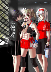  3girls abs bike_shorts bucket cage commentary_request fingerless_gloves gloves green_eyes green_hair hair_ribbon kaga_(kancolle) kantai_collection knee_brace long_hair looking_at_viewer midriff mixed_martial_arts mma_gloves mouth_guard multiple_girls muneate muscular muscular_female navel octagon ribbon santos shirt shorts shoukaku_(kancolle) sports_bra toned towel twintails white_ribbon zuikaku_(kancolle) 