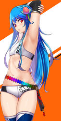  absurdres adapted_costume armpits arms_up ass_visible_through_thighs blue_hair blush breasts buruma commentary_request cowboy_shot crop_top detached_sleeves female food fruit haiiro_gundan hair_fruit highres hinanawi_tenshi leaf long_hair looking_at_viewer midriff navel no_headwear orange_background parted_lips peach race_queen red_eyes ribs sidelocks skindentation small_breasts solo standing stomach sword_of_hisou thigh_gap thighhighs thighs touhou twisted_torso two-tone_background very_long_hair white_background 