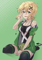  akatsuki_kirika black_legwear black_shirt blonde_hair blush breasts cleavage collarbone commentary_request female green_background green_eyes green_hoodie hair_between_eyes hair_ornament hal-bard highres hood hoodie looking_at_viewer medium_breasts off_shoulder senki_zesshou_symphogear shirt short_hair sitting smile solo tail tank_top v wariza x_hair_ornament 