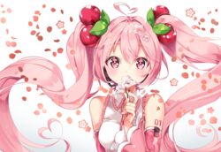  ahoge arami_o_8 bare_shoulders blush breasts cherry_blossoms cherry_hair_ornament collared_shirt commentary detached_sleeves female flower flower_in_eye food-themed_hair_ornament hair_flower hair_ornament hatsune_miku headset heart heart_ahoge long_hair long_sleeves looking_at_viewer petals pink_eyes pink_flower pink_hair pink_sleeves sakura_miku shirt small_breasts smelling solo symbol_in_eye tareme twintails upper_body very_long_hair vocaloid white_background white_shirt 