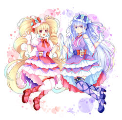  2girls absurdly_long_hair aisaki_emiru blonde_hair boots bow bowtie commentary_request cure_amour cure_macherie detached_sleeves dress floating_hair gloves grey_hair hairbow highres hugtto!_precure layered_dress lazy_orange long_hair long_sleeves looking_at_viewer multiple_girls photoshop_(medium) pink_footwear precure purple_eyes purple_footwear purple_legwear red_bow red_bowtie ruru_amour short_dress thighhighs twintails very_long_hair white_background white_gloves white_legwear white_sleeves 