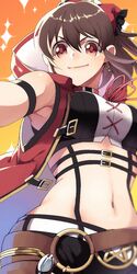  akizuki_hakuto arm_strap black_shorts bow breasts brown_hair cape commentary_request crop_top earrings female floating_hair frilled_bow frills from_below hair_between_eyes hairbow highres hood hood_down hori_yuko idolmaster idolmaster_cinderella_girls idolmaster_cinderella_girls_starlight_stage jewelry long_hair looking_at_viewer medium_breasts midriff navel neck_ribbon red_bow red_cape red_eyes red_ribbon ribbon short_shorts shorts sleeveless smile solo standing stomach suspenders v-shaped_eyebrows 