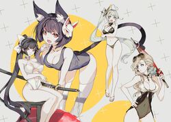  4girls :o ahoge animal_ears azur_lane bare_legs bent_over bikini black_bikini black_hair blonde_hair blue_eyes blue_one-piece_swimsuit bow breast_hold breasts brown_eyes casual_one-piece_swimsuit cat_ears cat_tail choker cleavage clothing_cutout commentary_request covered_navel criss-cross_halter earrings eyewear_on_head flip-flops flower front-tie_bikini_top front-tie_top grey_hair hair_flower hair_ornament hair_over_shoulder hairbow halterneck heart heart-shaped_pupils heart_ahoge highres hood_(azur_lane) hood_(lady_of_the_shining_sun)_(azur_lane) jewelry katana large_breasts long_hair low_ponytail mask mask_on_head mismatched_eyebrows multiple_girls navel navel_cutout oerba_yun_fang official_alternate_costume old_school_swimsuit one-piece_swimsuit ponytail portland_(azur_lane) red_eyes sandals school_swimsuit side_ponytail sitting softmode sunglasses swimsuit sword symbol-shaped_pupils tail takao_(azur_lane) takao_(beach_rhapsody)_(azur_lane) thighhighs very_long_hair weapon white_one-piece_swimsuit white_thighhighs yamashiro_(azur_lane) yamashiro_(summer_offensive?)_(azur_lane) 